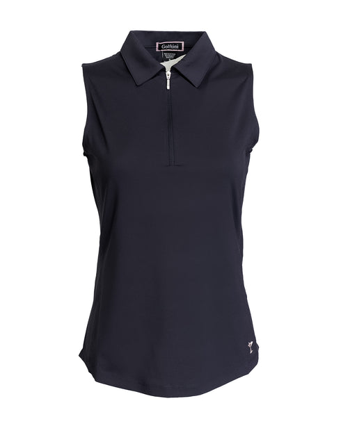 Solid Zip Neck Sleeveless Polo