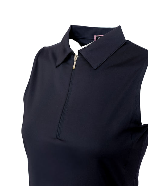 Solid Zip Neck Sleeveless Polo